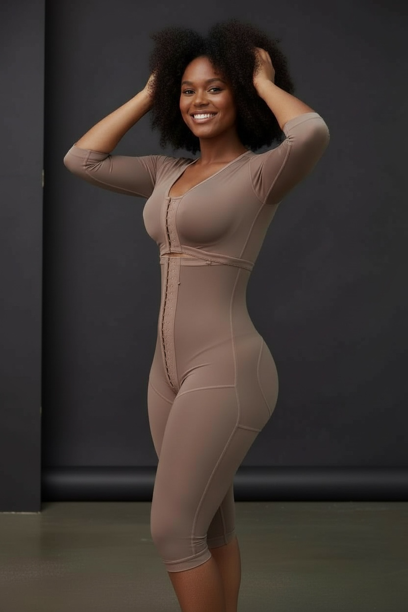 FB717 Full Body Shaping Garment with 3 Hooks, Built-in Bra & Sleeves
