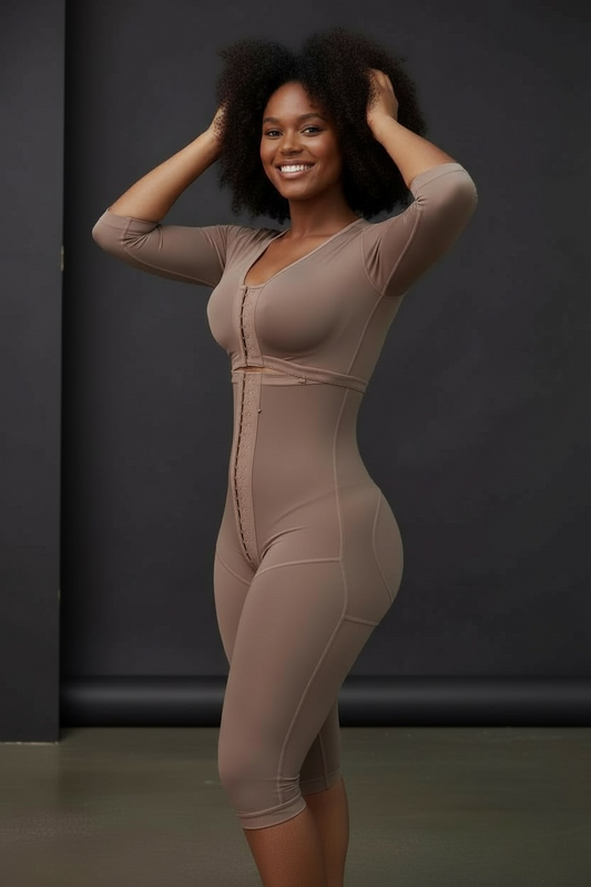 FB717 Full Body Shaping Garment with 3 Hooks, Built-in Bra & Sleeves