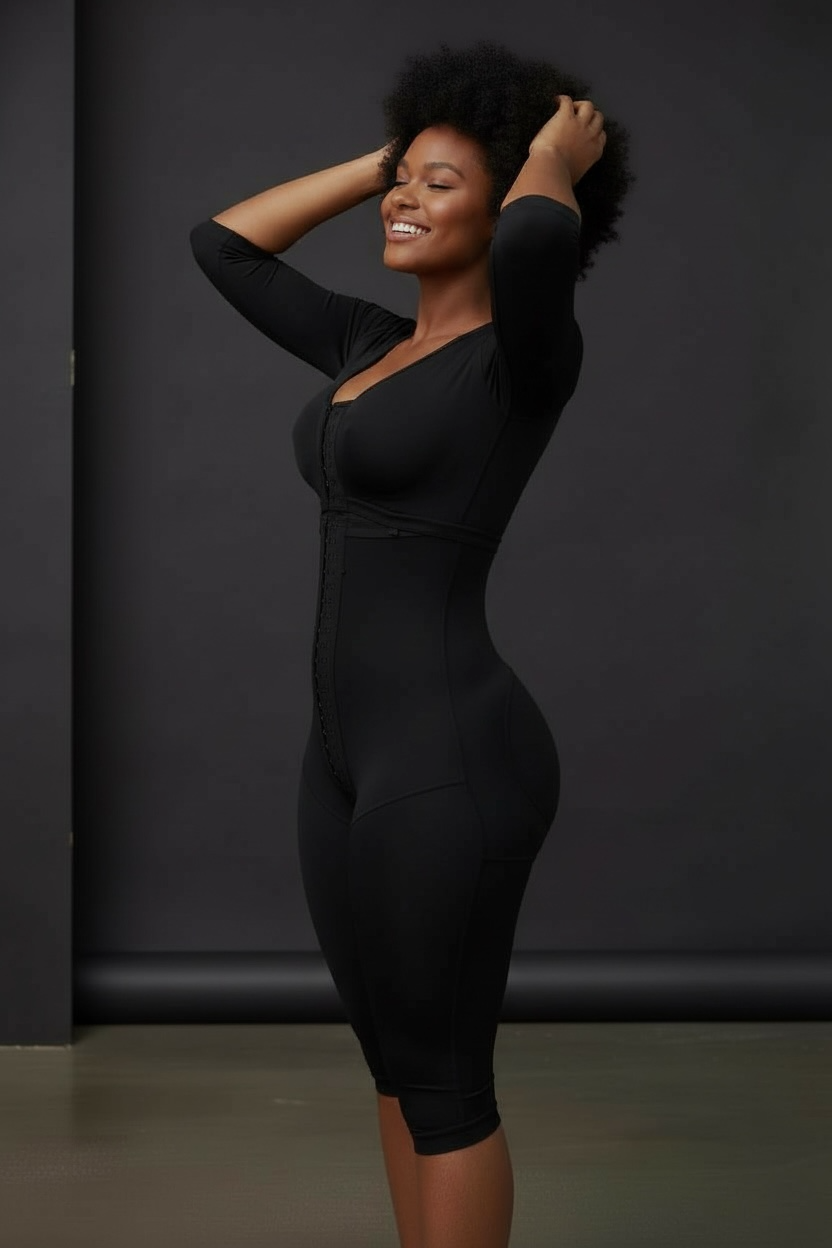 FB717 Full Body Shaping Garment with 3 Hooks, Built-in Bra & Sleeves