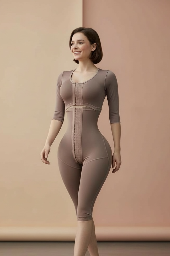 FB717 Full Body Shaping Garment with 3 Hooks, Built-in Bra & Sleeves