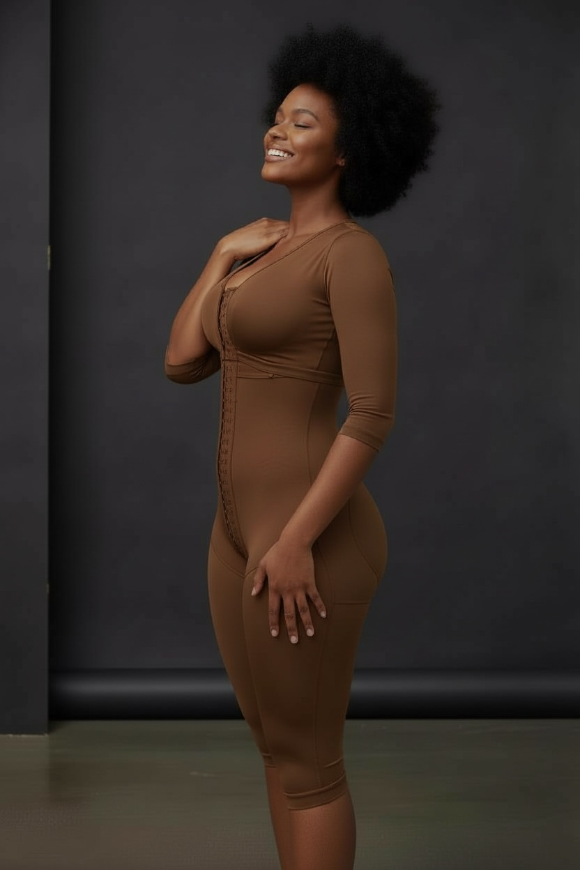 FB717 Full Body Shaping Garment with 3 Hooks, Built-in Bra & Sleeves