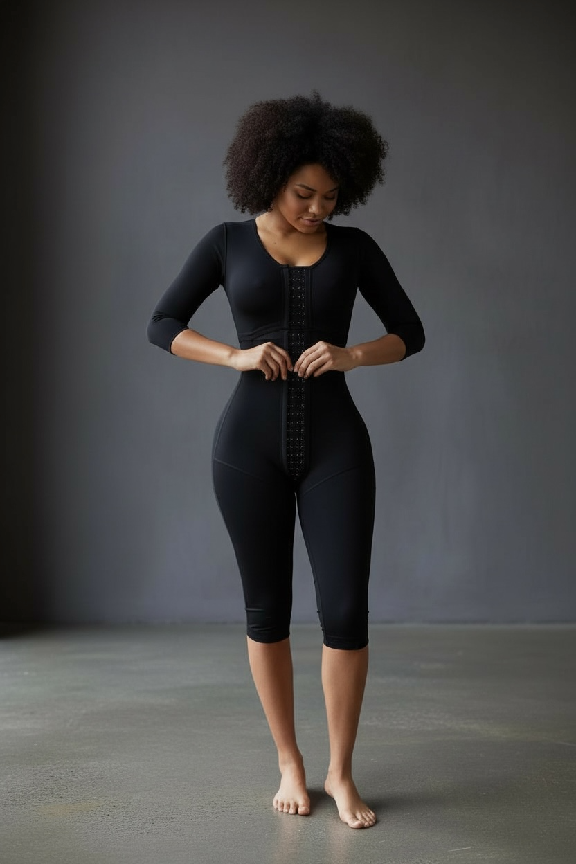 FB717 Full Body Shaping Garment with 3 Hooks, Built-in Bra & Sleeves